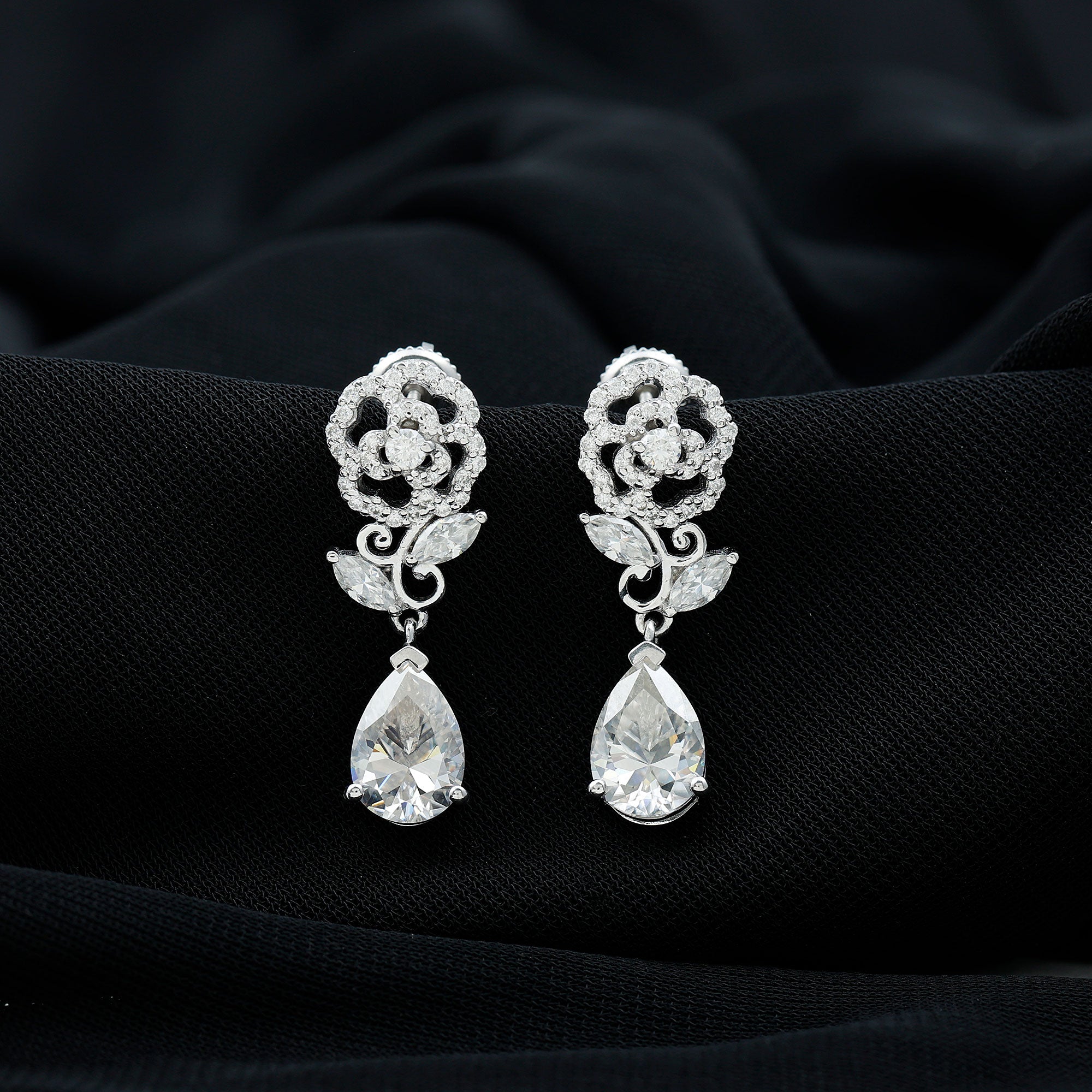 Sparkanite Jewels-Flower Inspired Moissanite Bridal Dangle Earrings