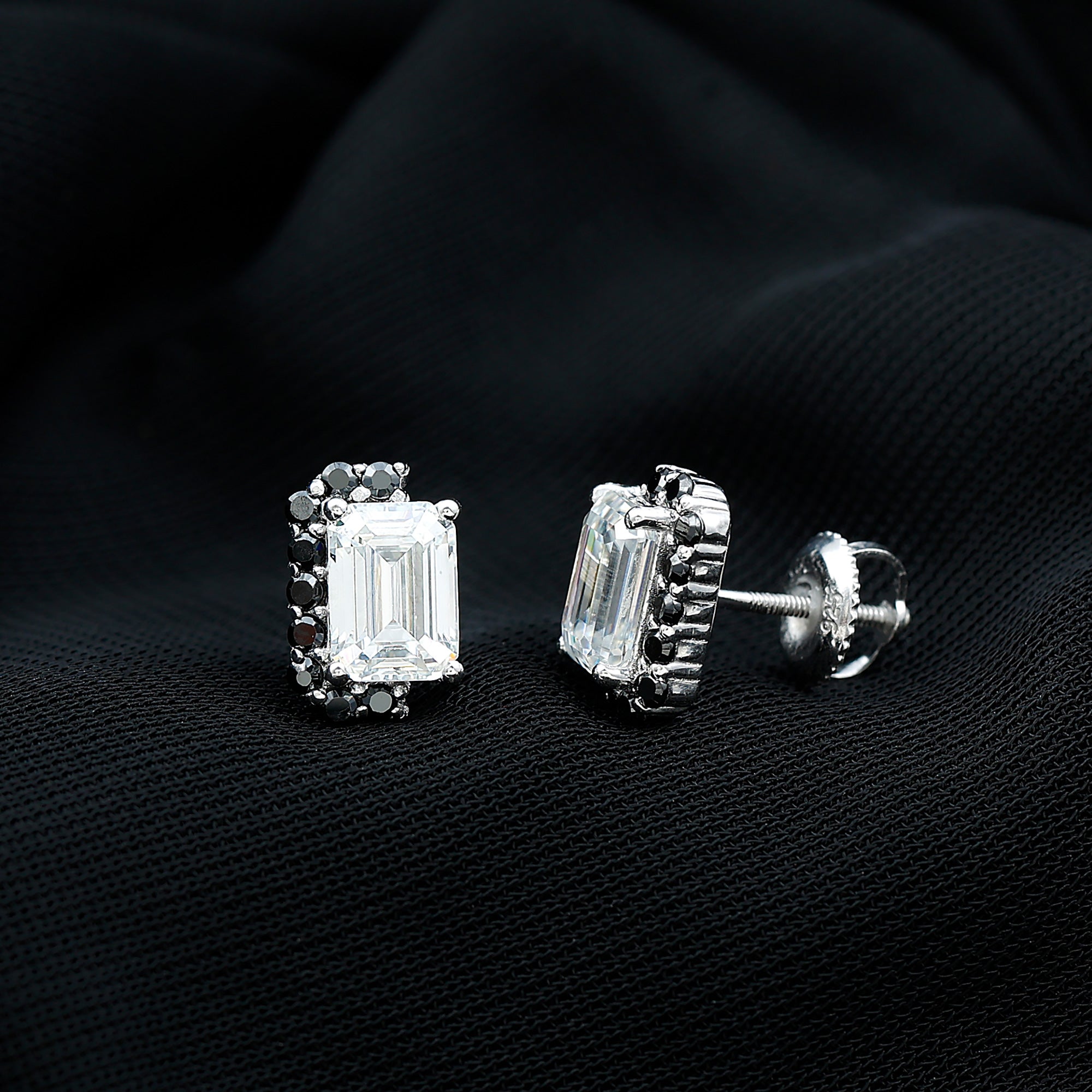 Sparkanite Jewels-Emerald Cut Moissanite Stud Earrings with Lab Grown Black Diamond