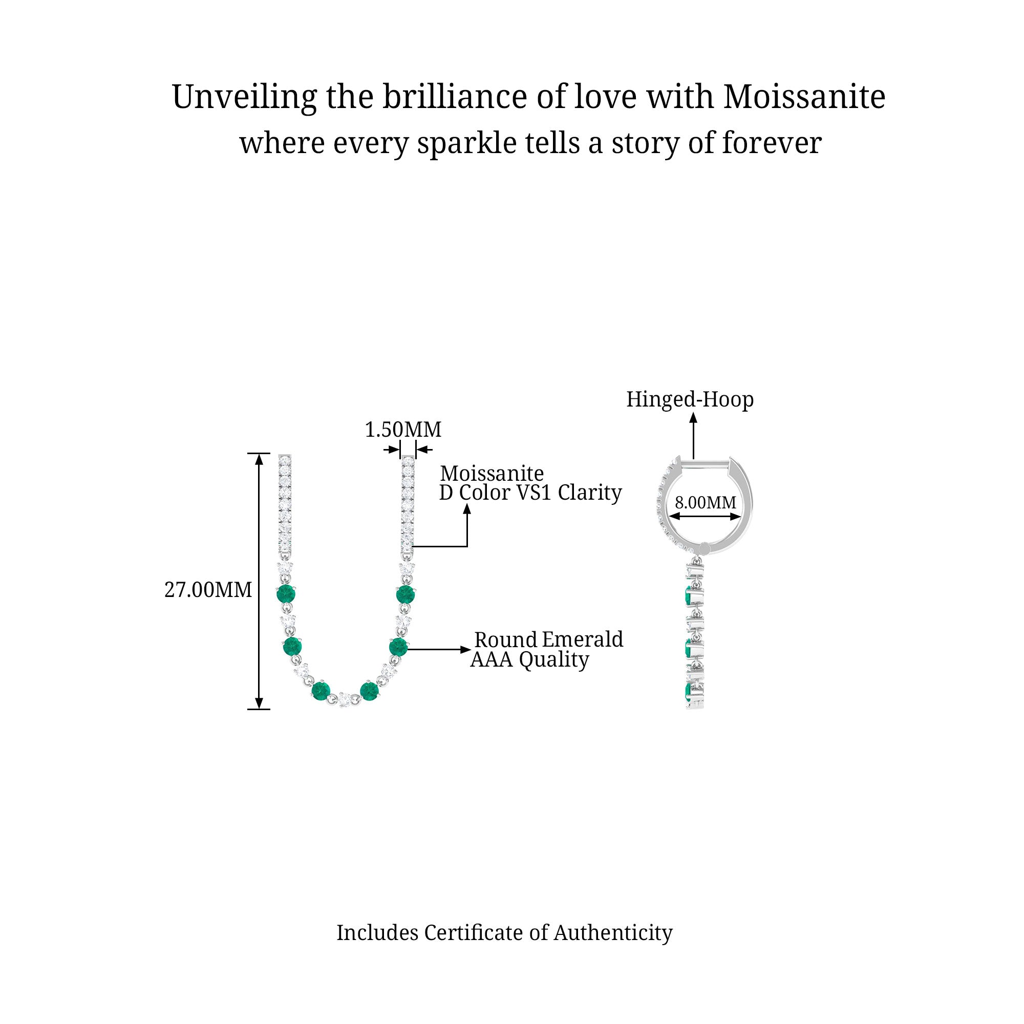 Chain Hoop Earrings with Moissanite and Emerald D-VS1 - Sparkanite Jewels