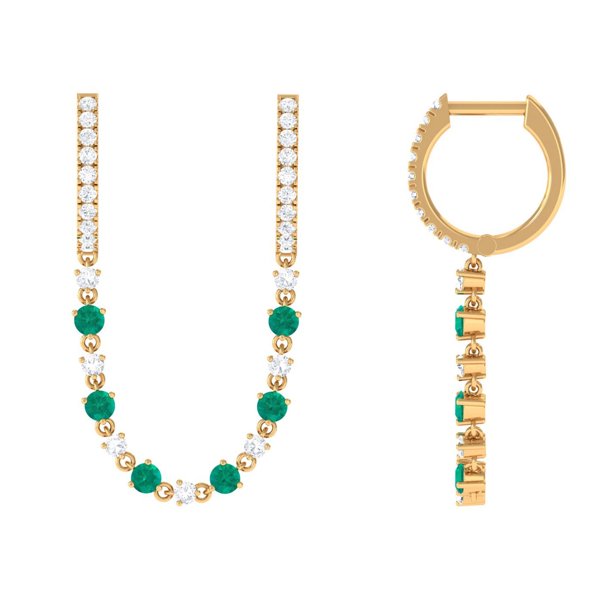 Chain Hoop Earrings with Moissanite and Emerald D-VS1 - Sparkanite Jewels