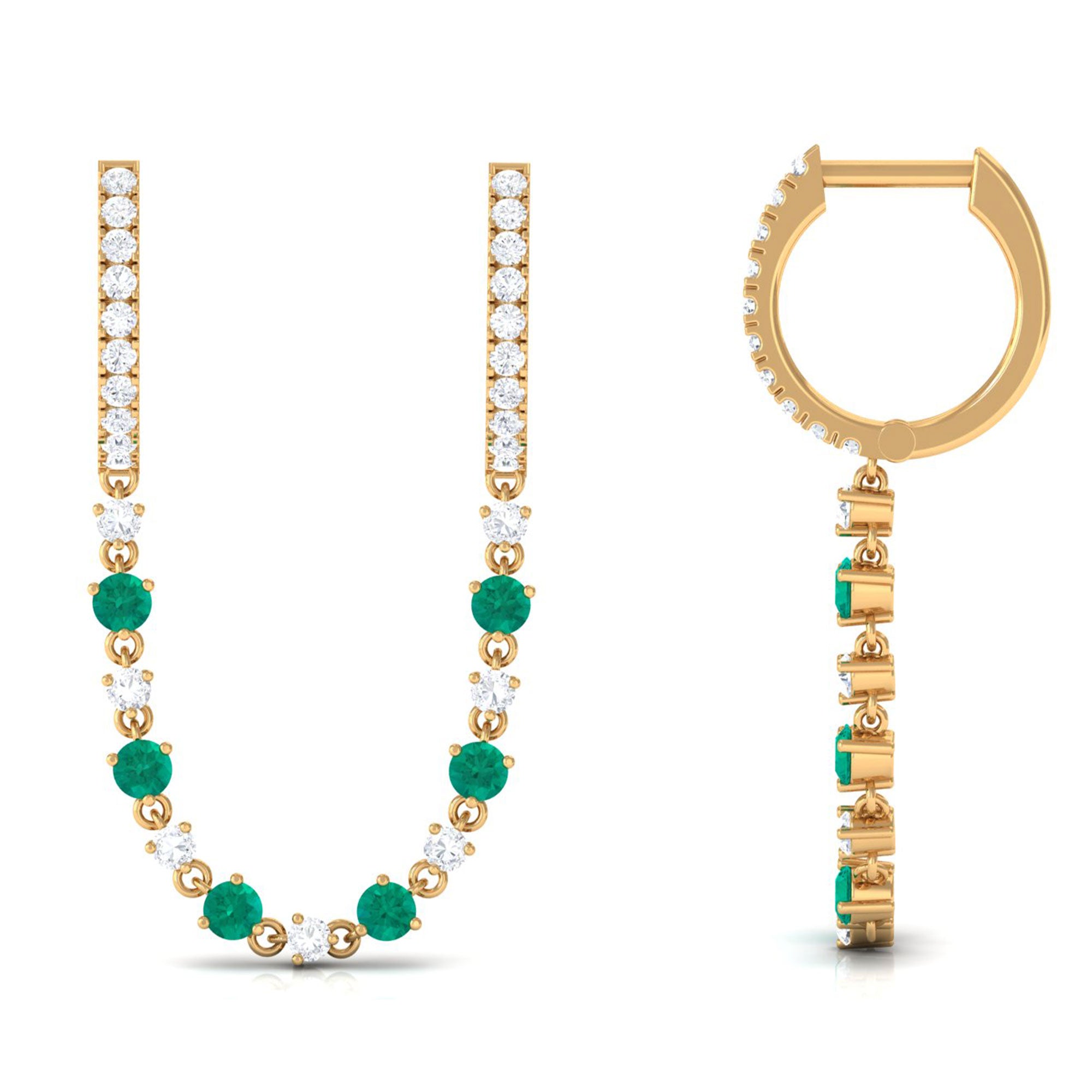 Chain Hoop Earrings with Moissanite and Emerald D-VS1 - Sparkanite Jewels