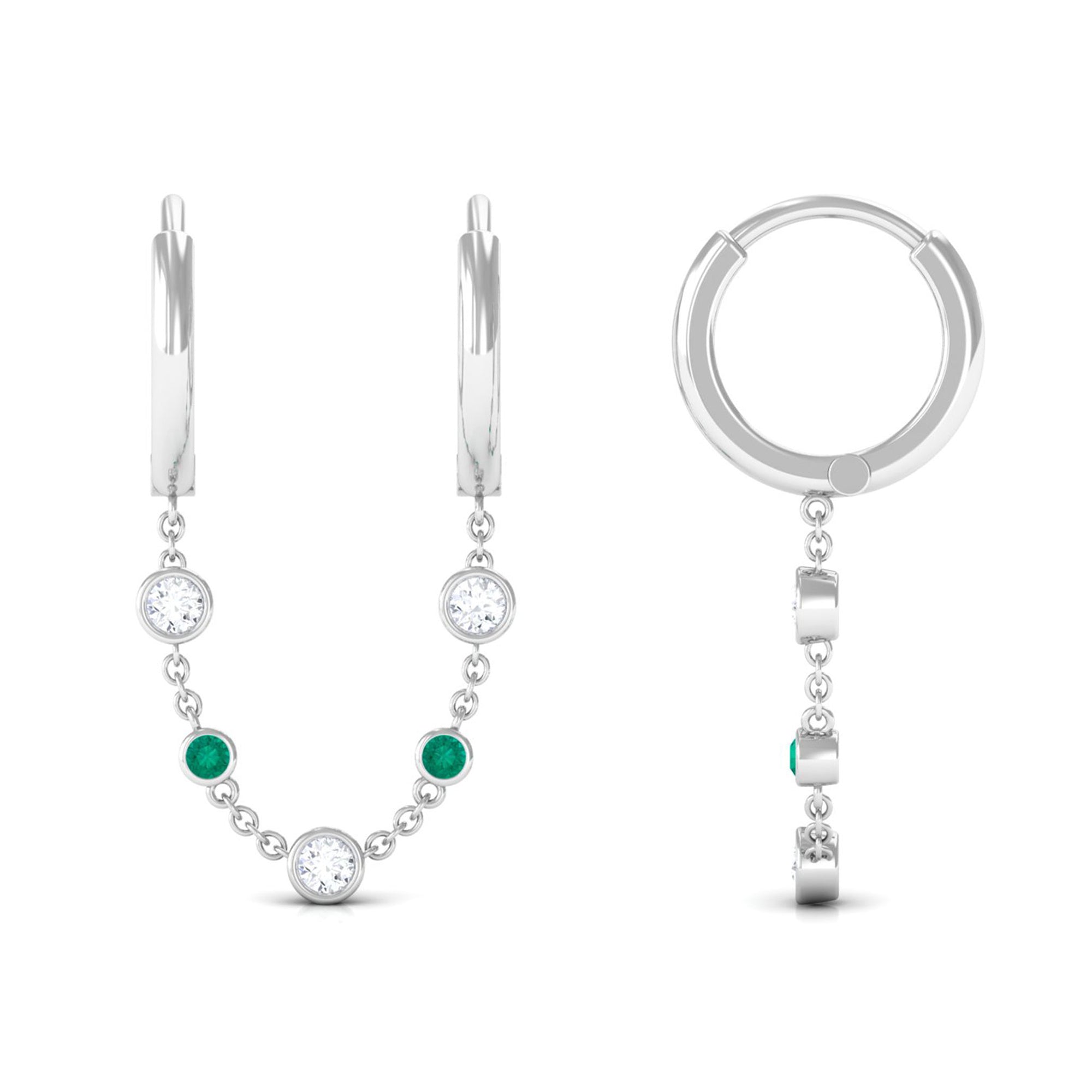 Certified Moissanite Chain Hoop Earrings with Emerald D-VS1 - Sparkanite Jewels