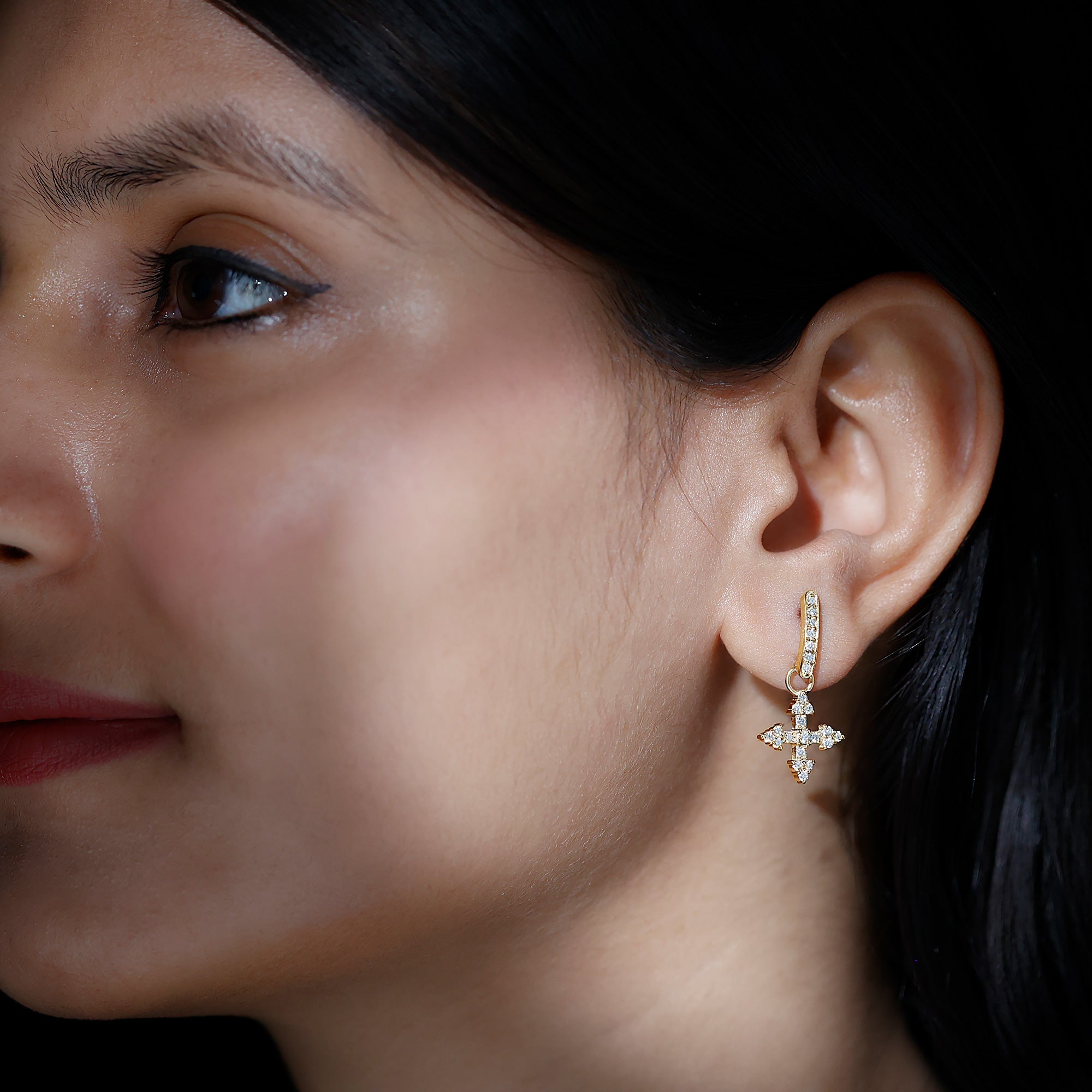 Minimal Cross Drop Earrings with Certified Moissanite D-VS1 - Sparkanite Jewels