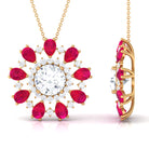 Certified Moissanite Floral Inspired Pendant Necklace with Ruby D-VS1 10 MM - Sparkanite Jewels