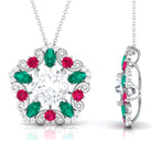 Certified Moissanite Floral Inspired Pendant with Emerald and Ruby D-VS1 10 MM - Sparkanite Jewels