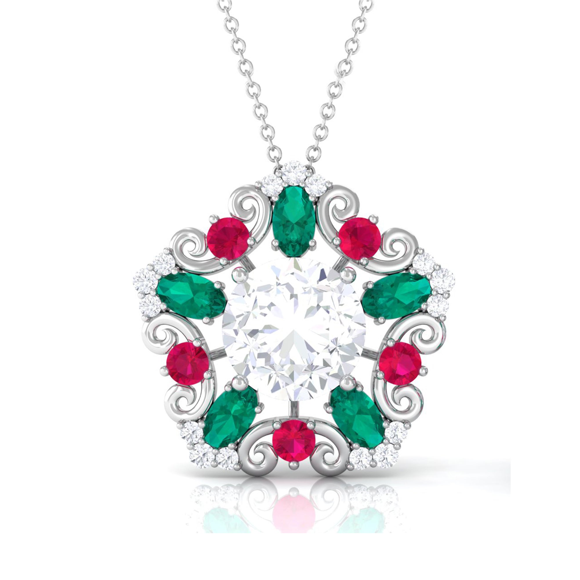 Certified Moissanite Floral Inspired Pendant with Emerald and Ruby D-VS1 10 MM - Sparkanite Jewels