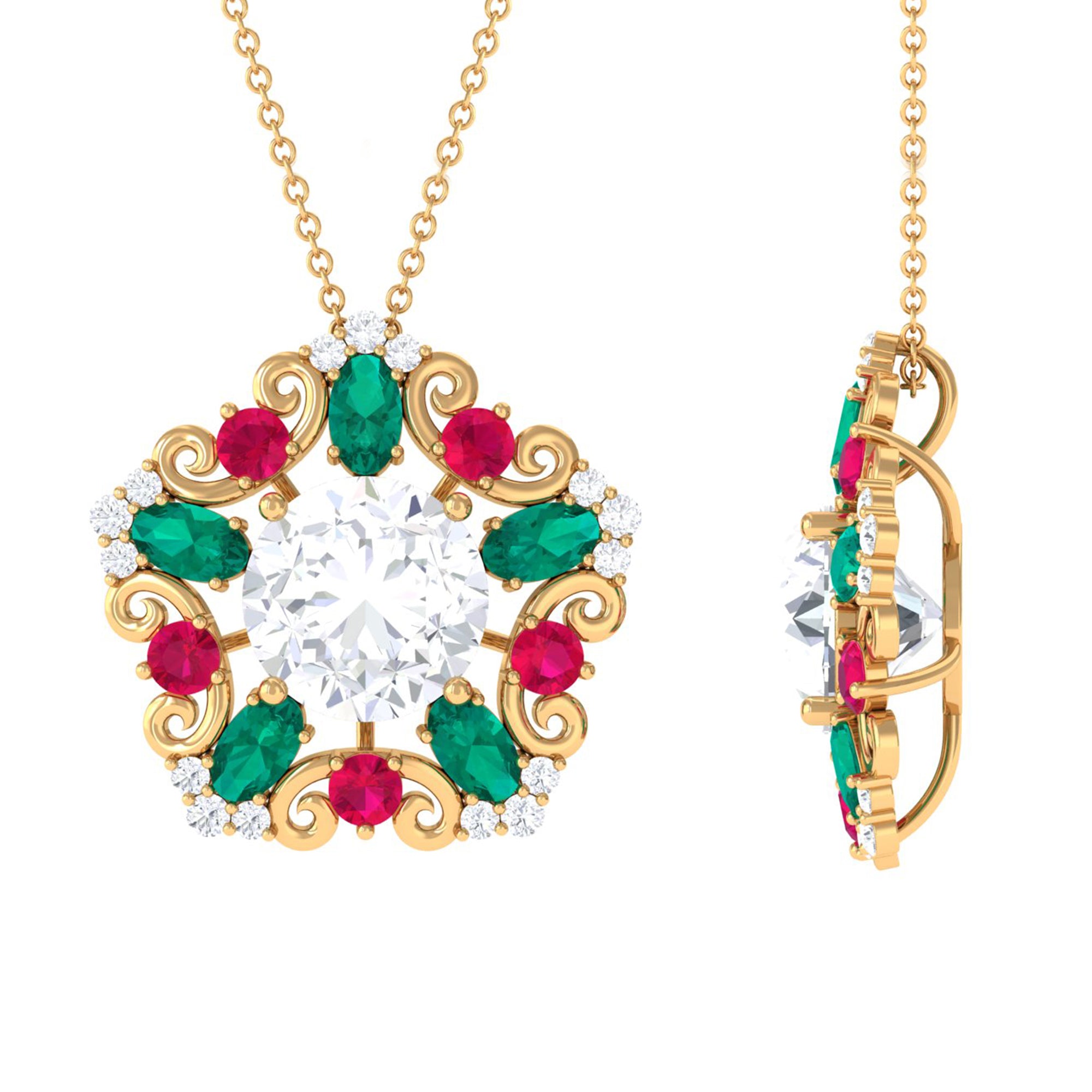 Certified Moissanite Floral Inspired Pendant with Emerald and Ruby D-VS1 10 MM - Sparkanite Jewels