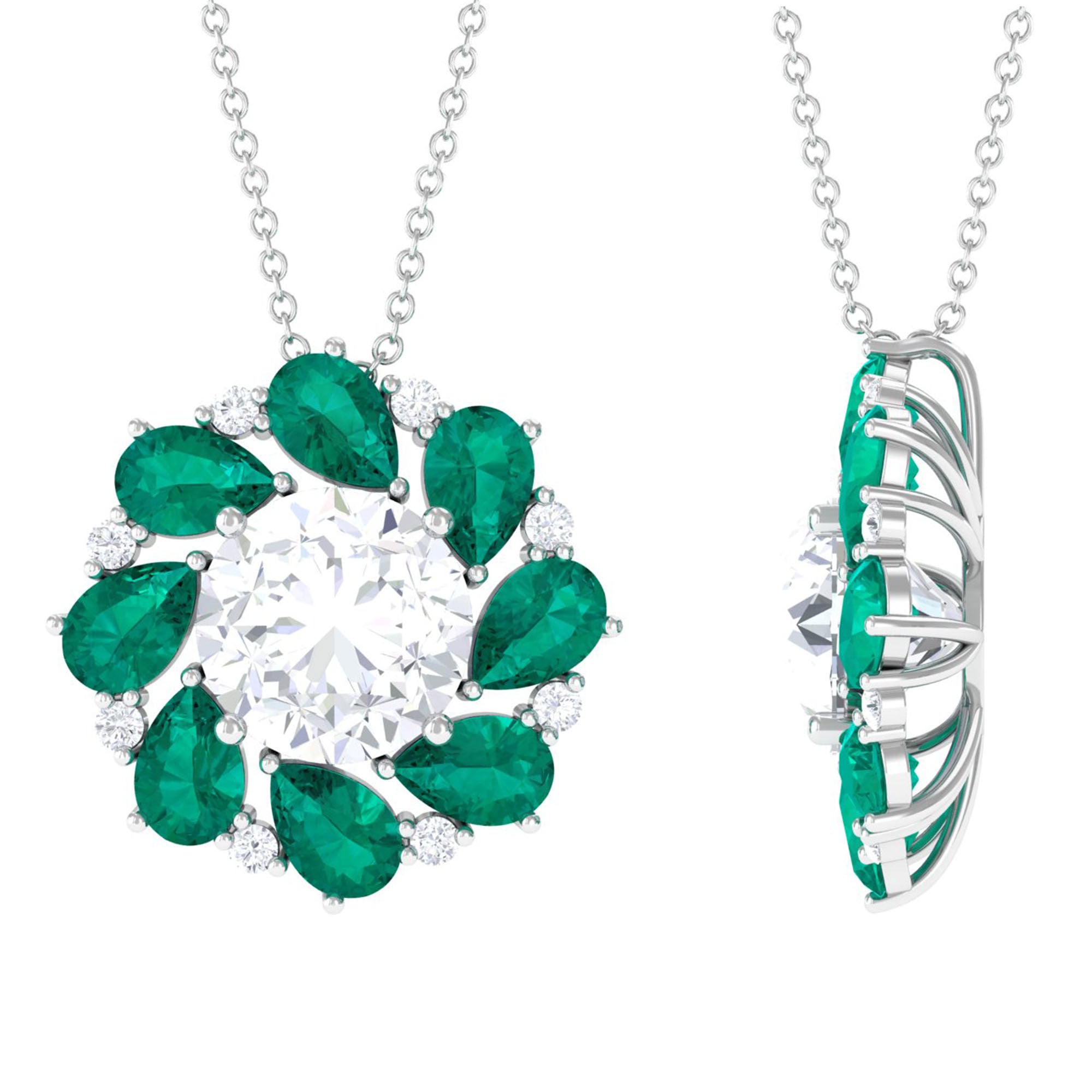 Nature Inspired Floral Pendant Necklace with Moissanite and Emerald D-VS1 10 MM - Sparkanite Jewels