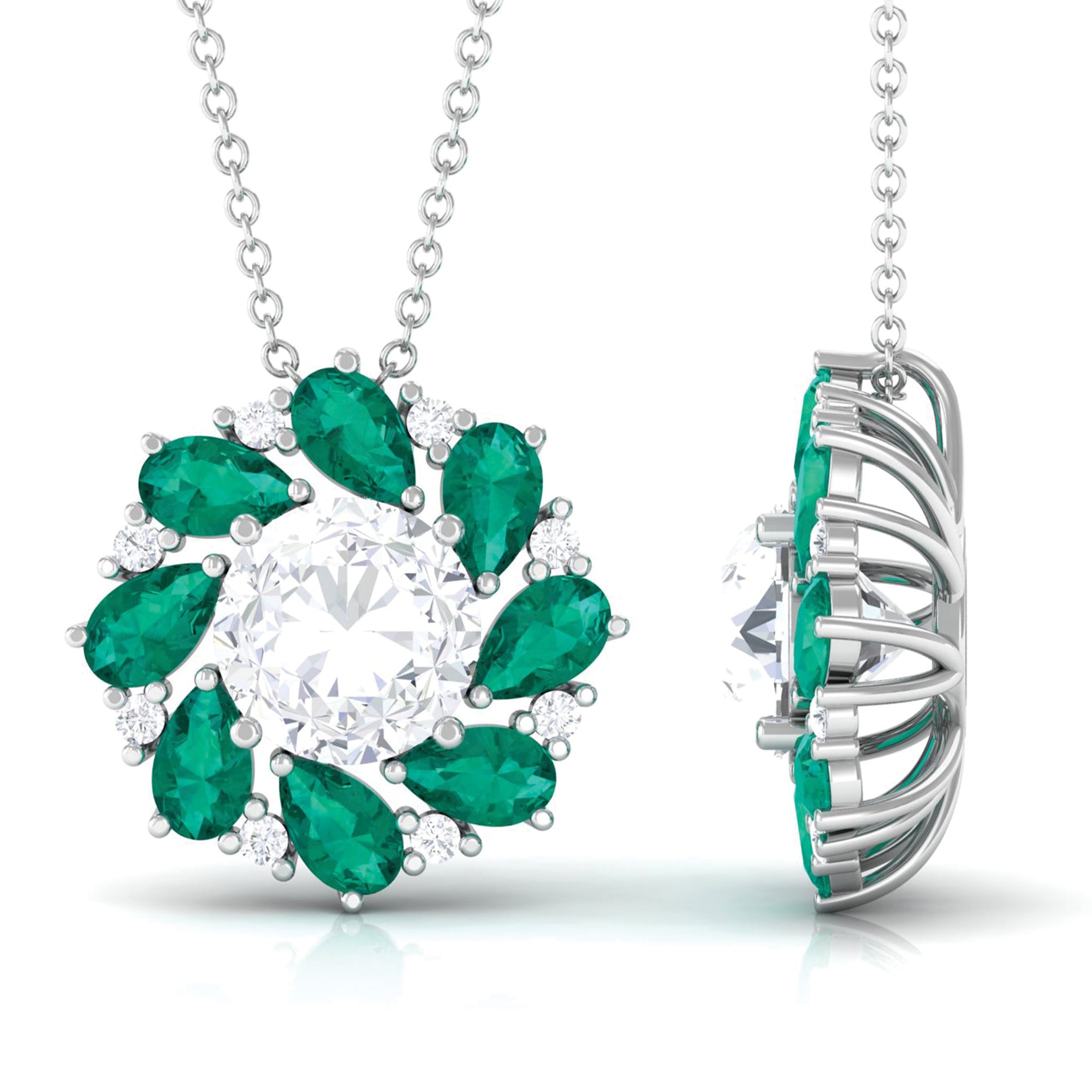 Nature Inspired Floral Pendant Necklace with Moissanite and Emerald D-VS1 8 MM - Sparkanite Jewels