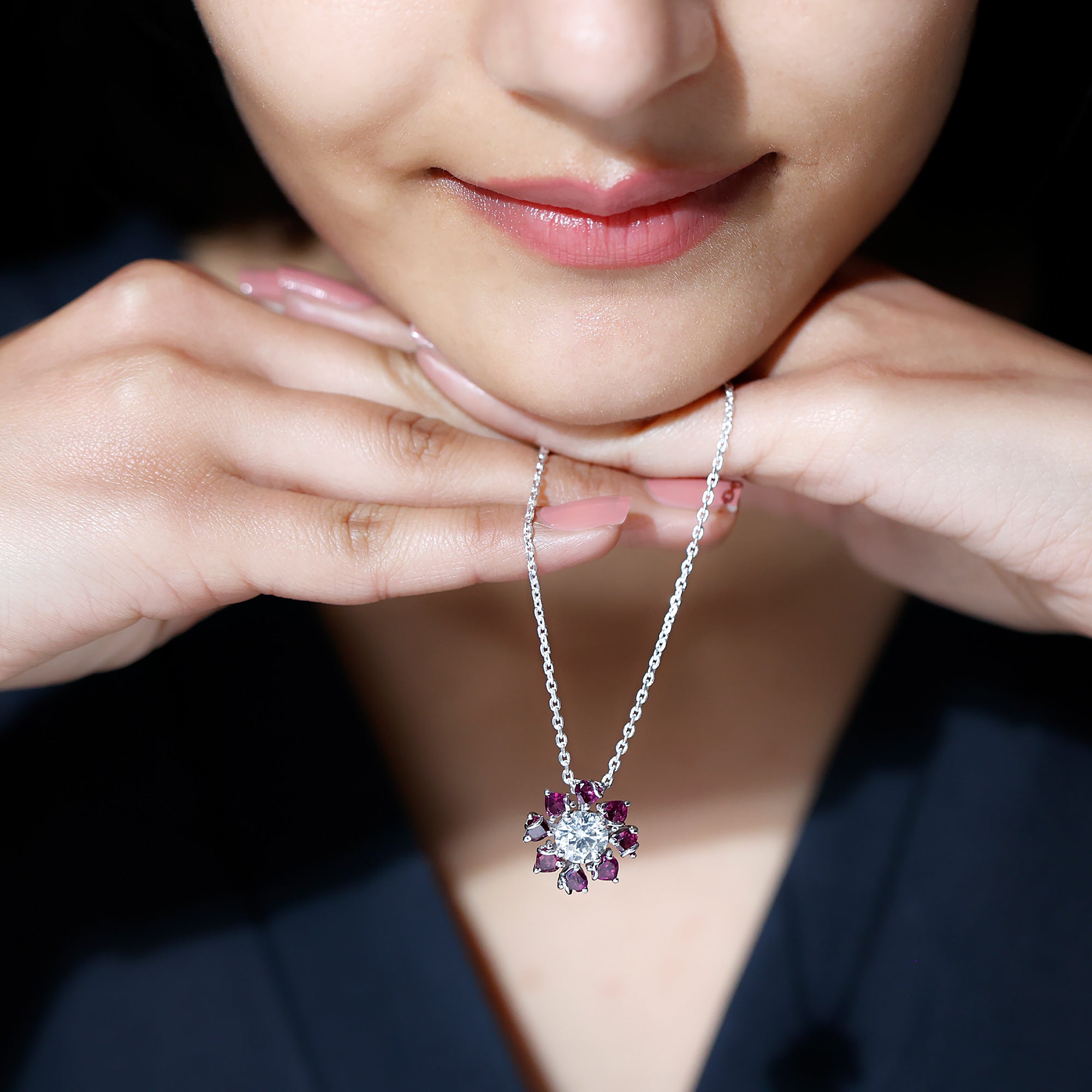 Sparkanite Jewels-Certified Moissanite Floral Inspired Pendant with Heart Shape Rhodolite