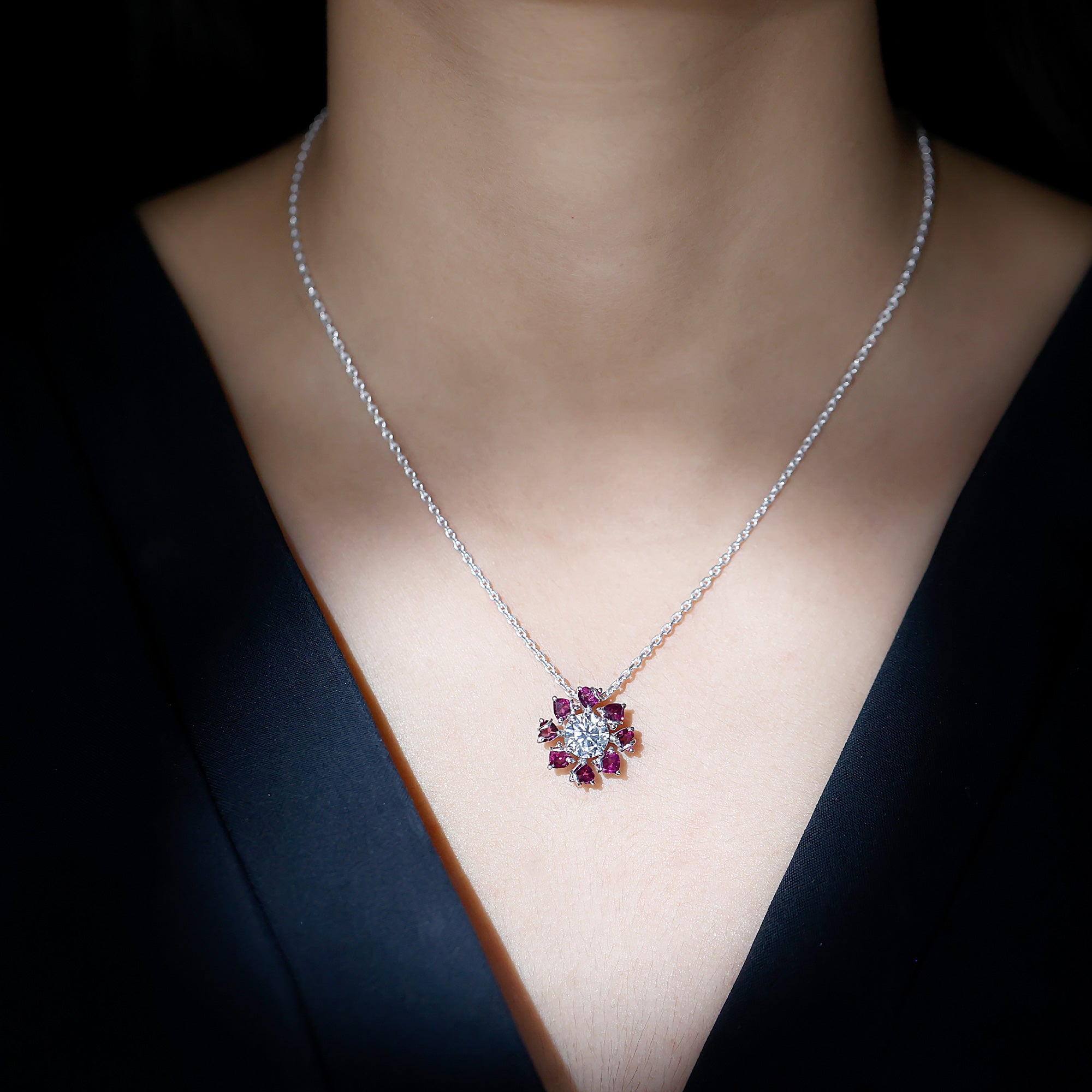 Sparkanite Jewels-Certified Moissanite Floral Inspired Pendant with Heart Shape Rhodolite