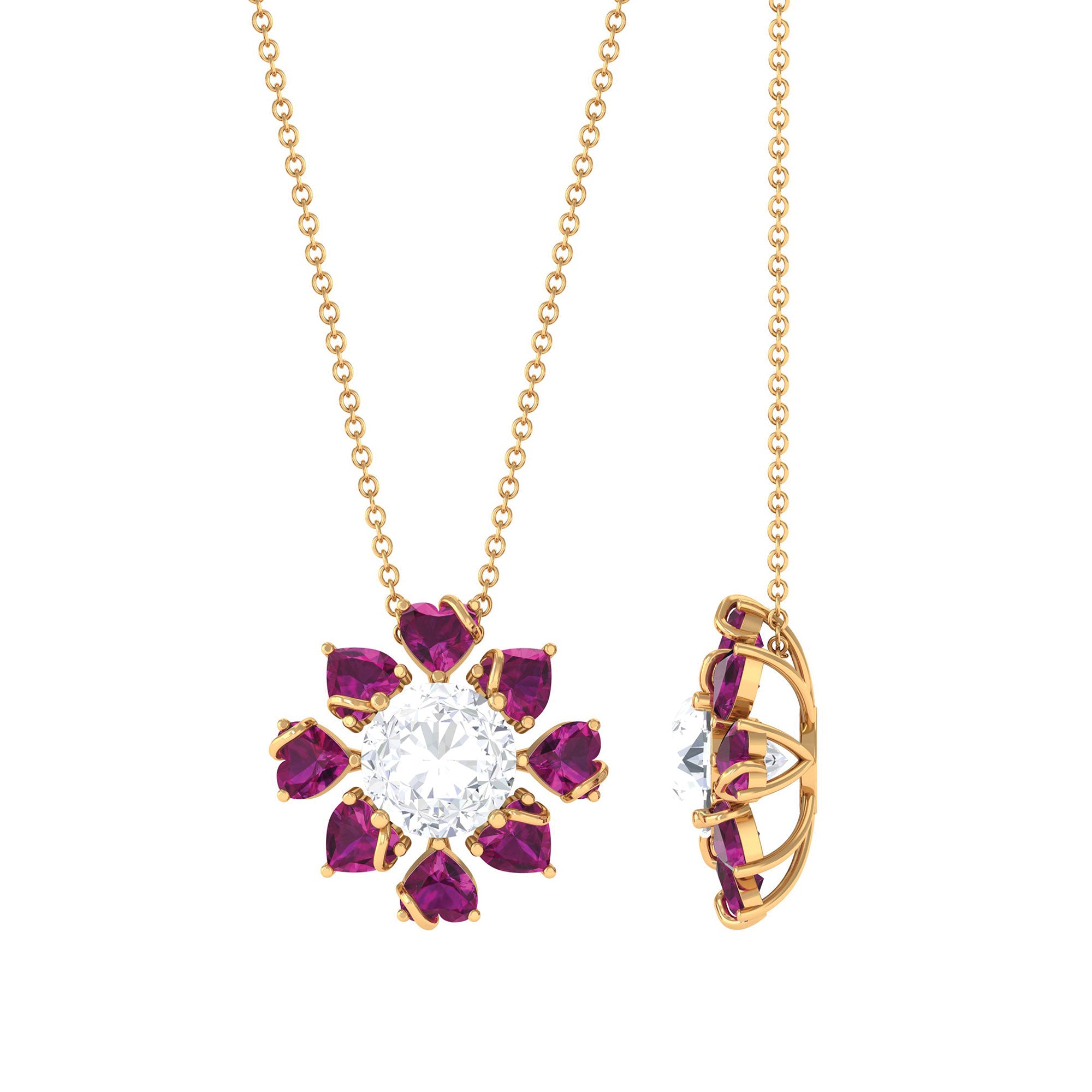 Sparkanite Jewels-Certified Moissanite Floral Inspired Pendant with Heart Shape Rhodolite