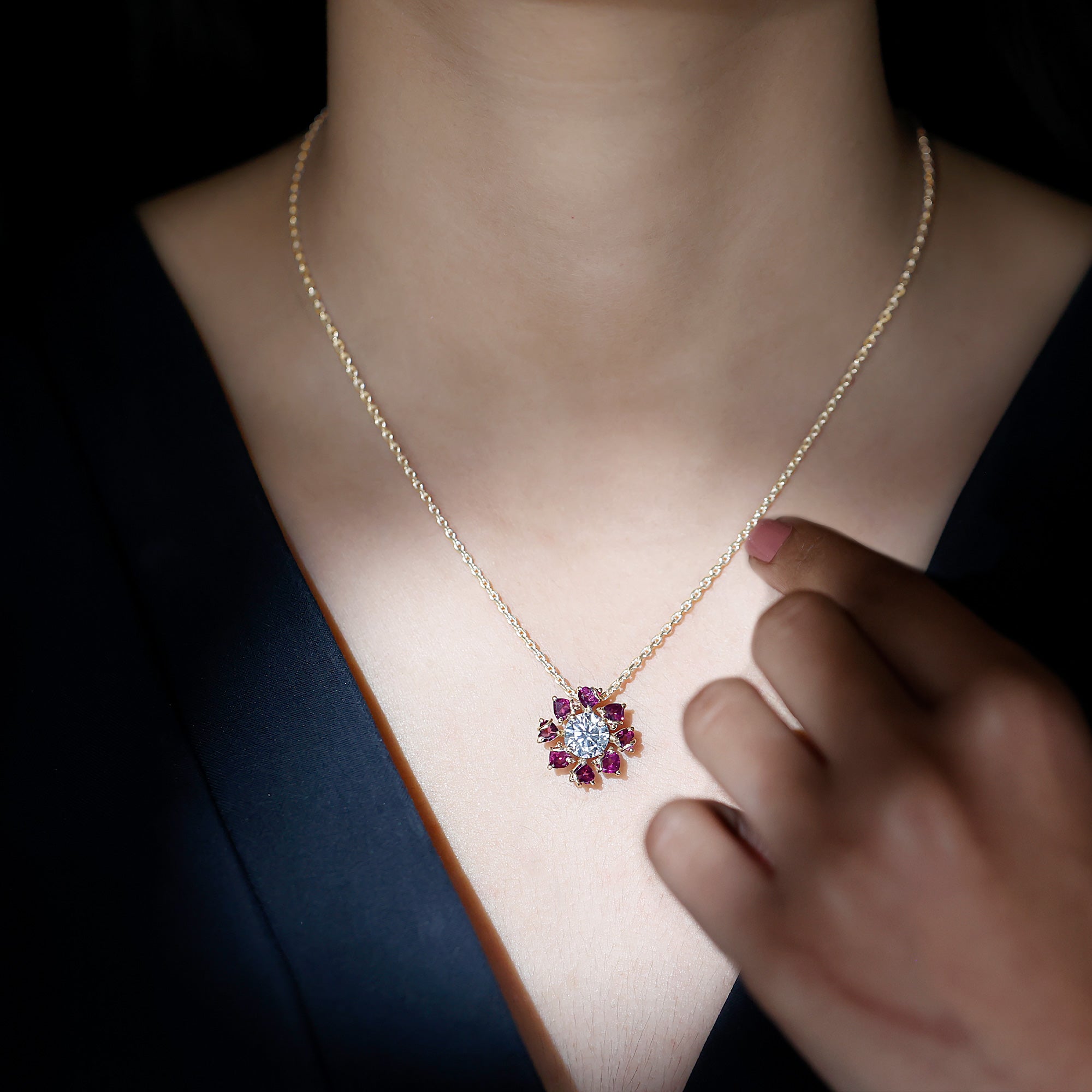 Sparkanite Jewels-Certified Moissanite Floral Inspired Pendant with Heart Shape Rhodolite