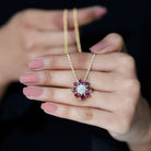 Sparkanite Jewels-Certified Moissanite Floral Inspired Pendant with Heart Shape Rhodolite