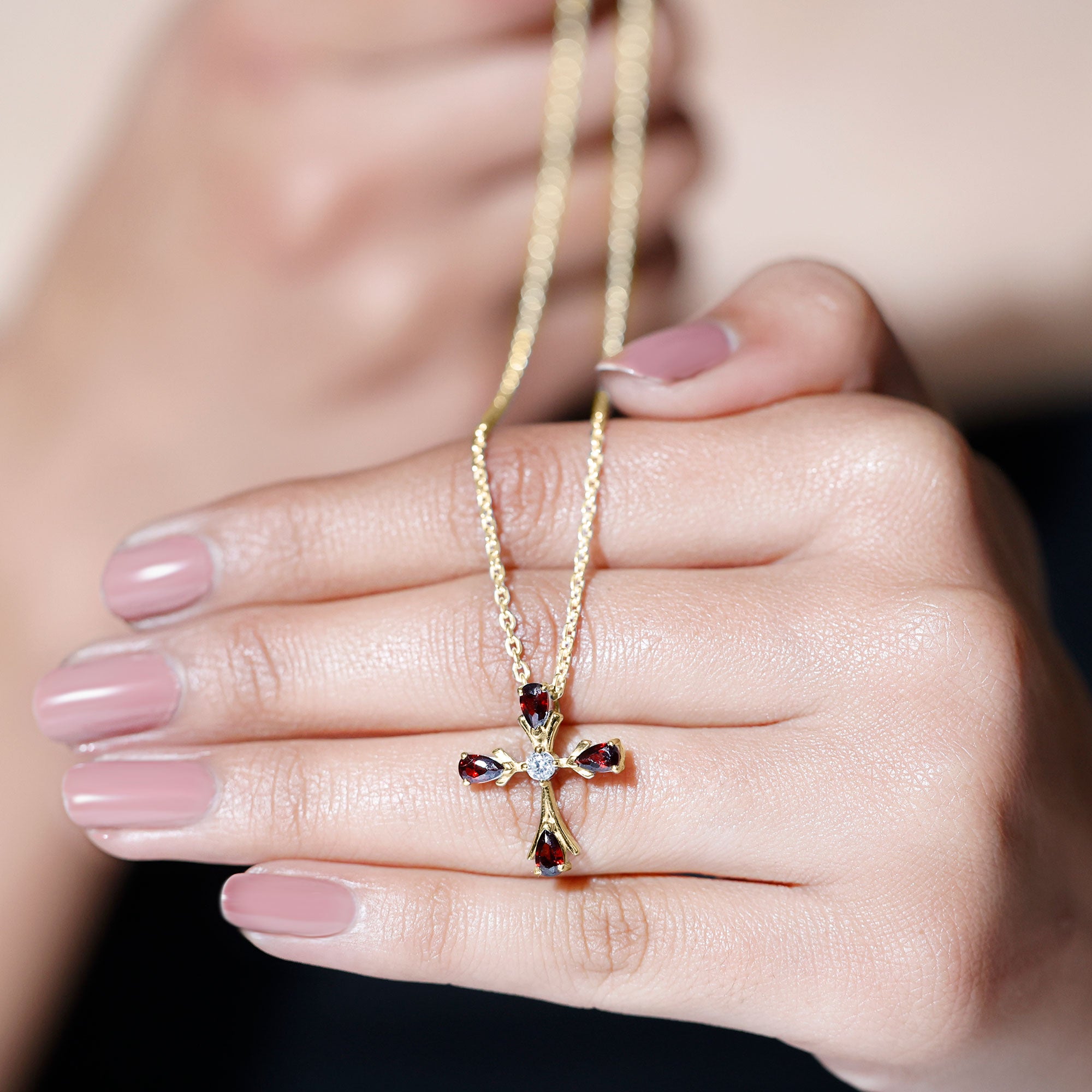 Sparkanite Jewels-Cross Pendant Necklace with Moissanite and Garnet