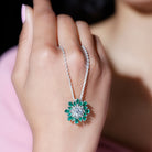 Sparkanite Jewels-Nature Inspired Moissanite Flower Silver Pendant with Lab Grown Emerald