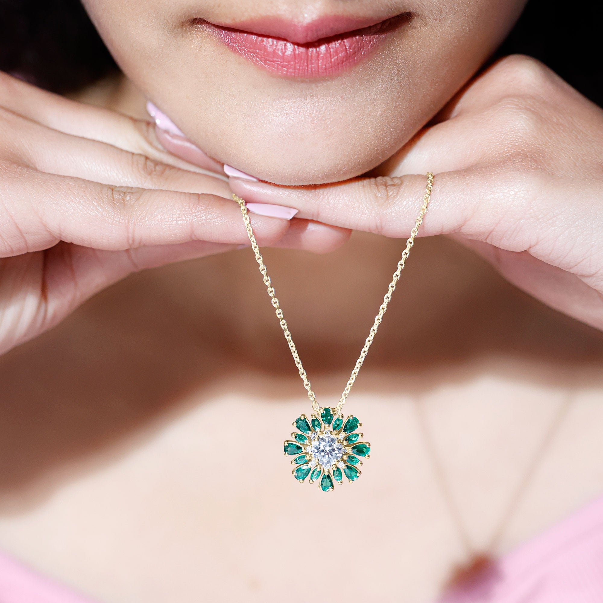 Sparkanite Jewels-Nature Inspired Moissanite Flower Silver Pendant with Lab Grown Emerald