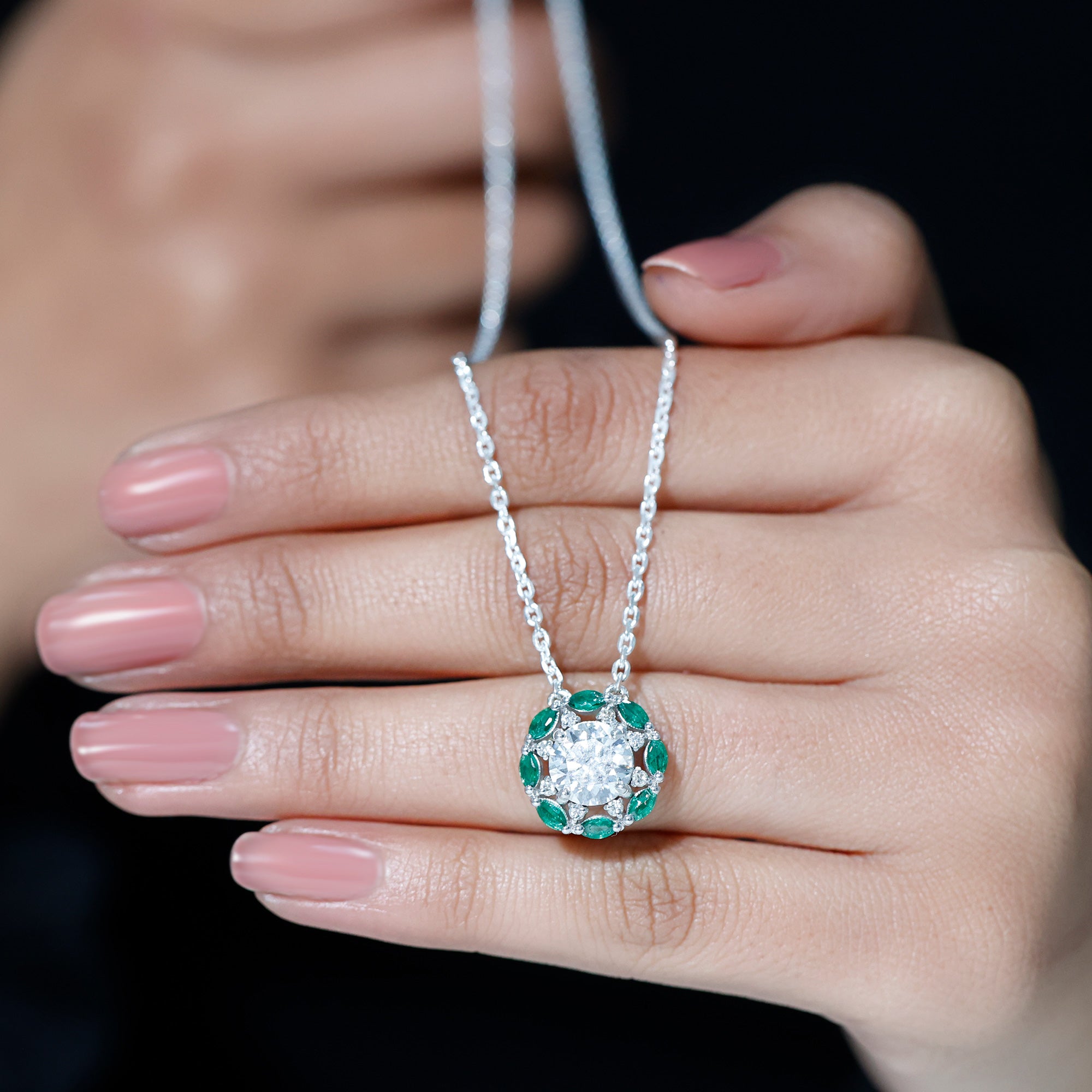 Sparkanite Jewels-Certified Moissanite Floral Inspired Silver Necklace with Lab Emerald