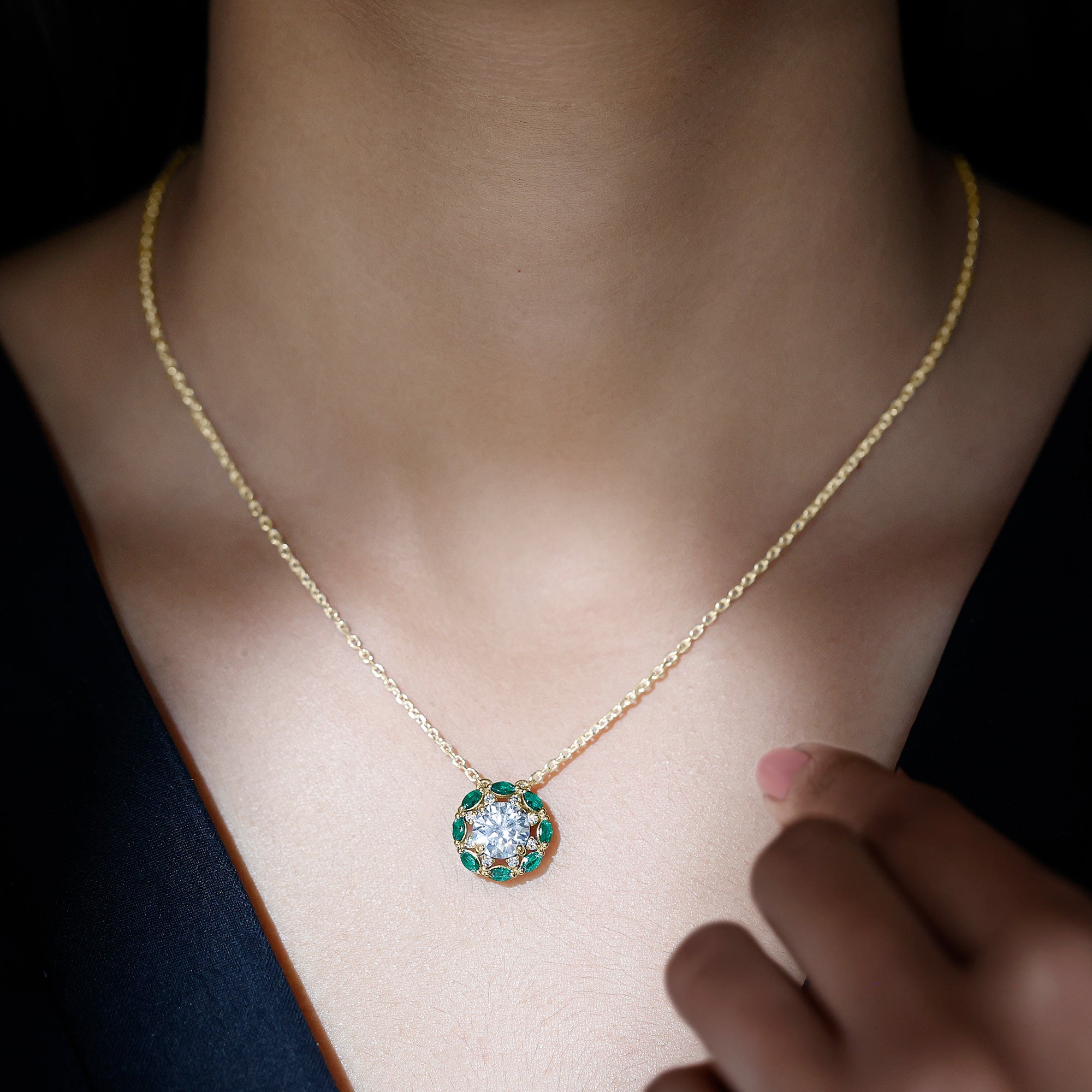 Sparkanite Jewels-Certified Moissanite Floral Inspired Silver Necklace with Lab Emerald