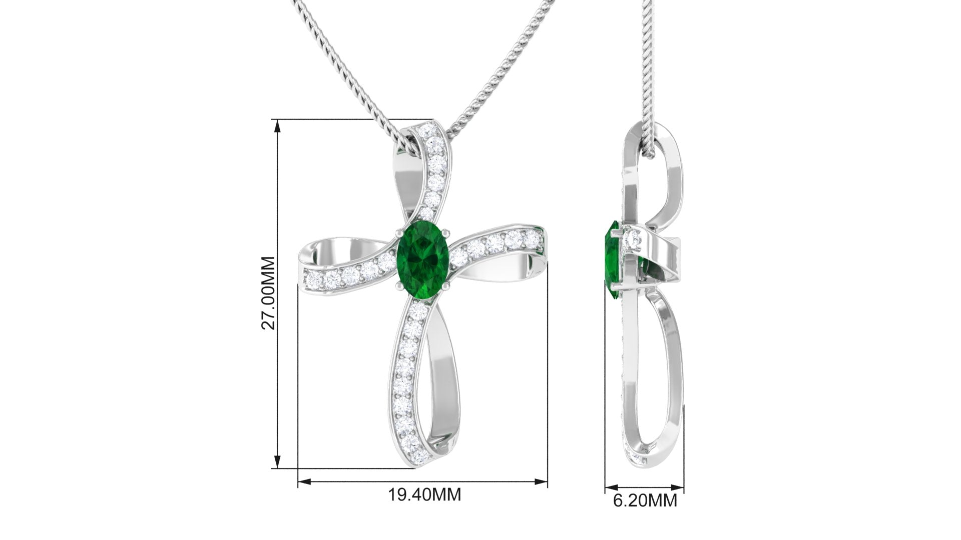 Sparkanite Jewels-Certified Moissanite Cross Silver Pendant with Lab Emerald