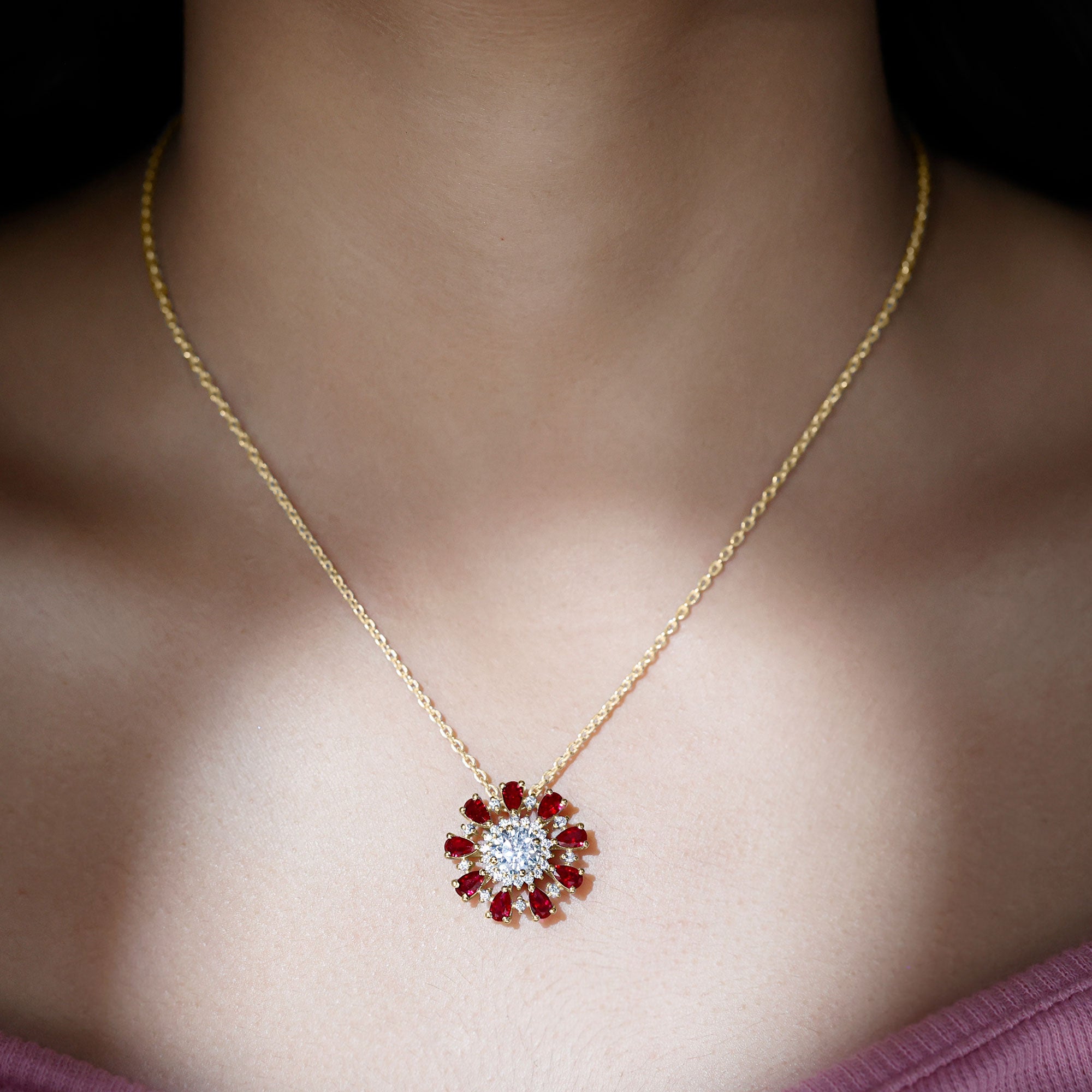 Sparkanite Jewels-Certified Moissanite Floral Inspired Pendant with Lab Grown Ruby