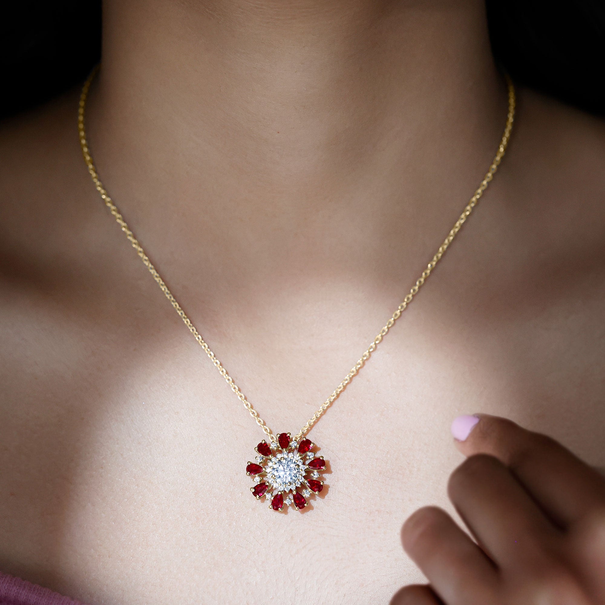 Sparkanite Jewels-Certified Moissanite Floral Inspired Pendant with Lab Grown Ruby