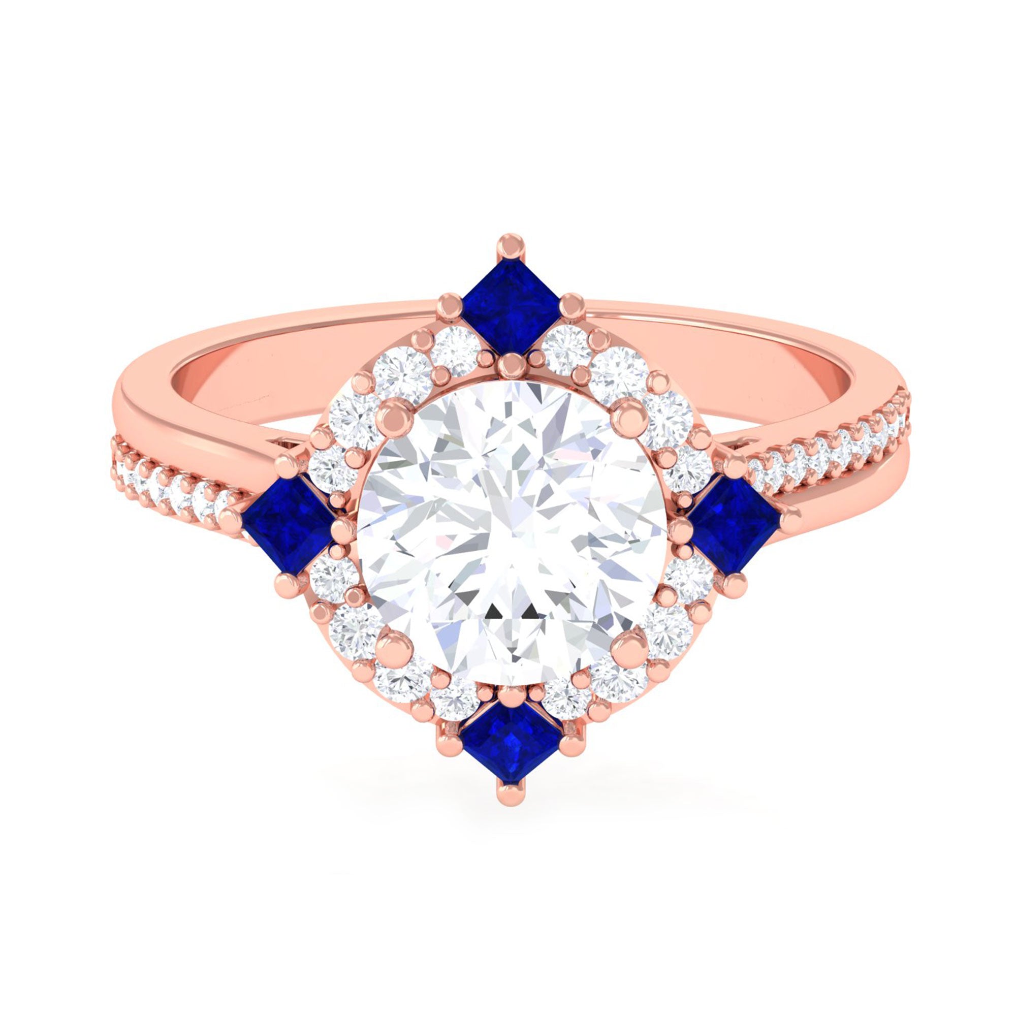 Sparkanite Jewels-Vintage Inspired Moissanite Halo Engagement Ring with Lab Grown Blue Sapphire