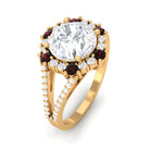 Sparkanite Jewels-Vintage Style Moissanite and Garnet Halo Engagement Ring in Split Shank