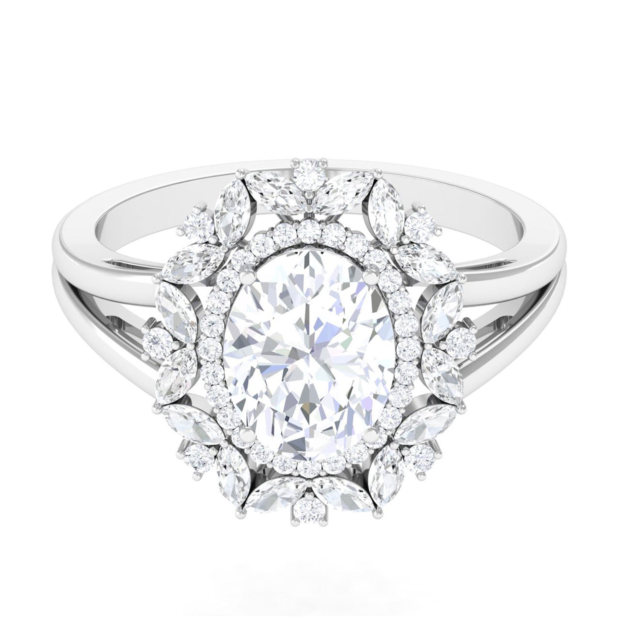 Sparkanite Jewels-Oval Shape Moissanite Double Halo Engagement Ring with Split Shank