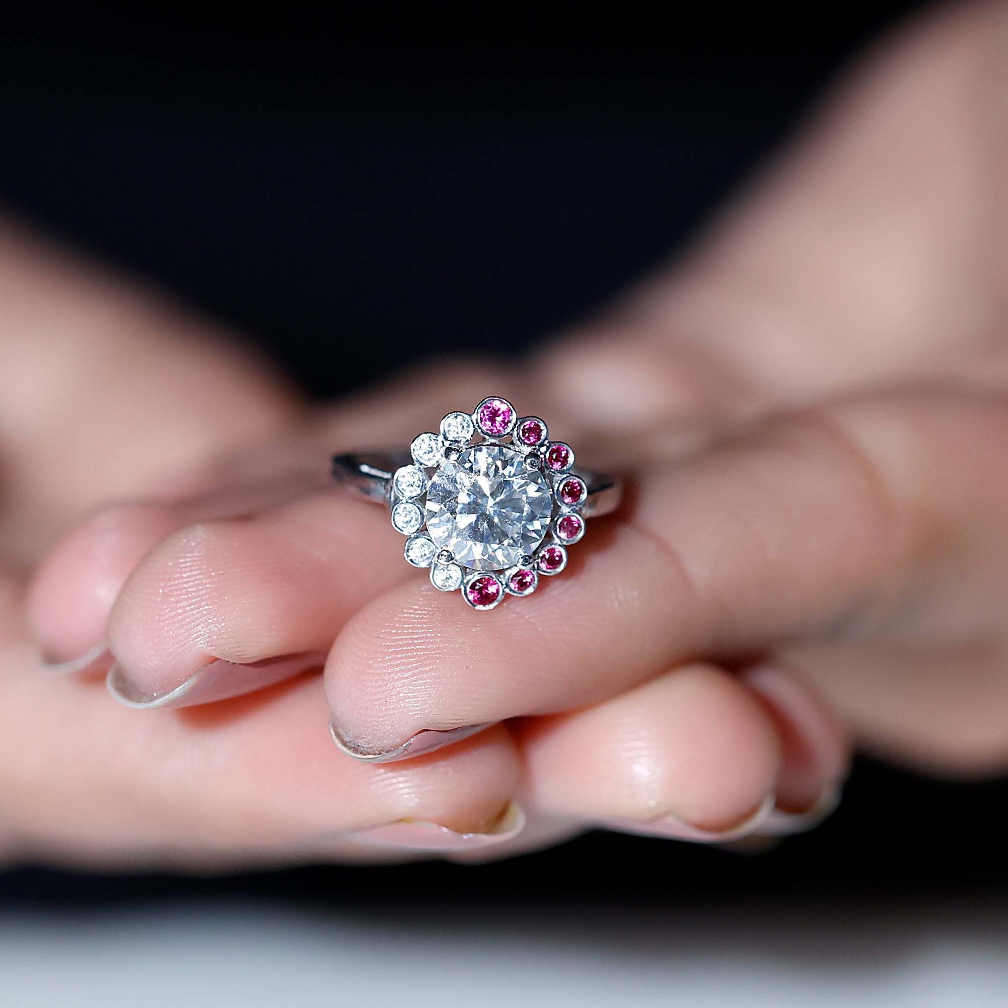 Sparkanite Jewels-Moissanite Cocktail Halo Ring with Lab Created Ruby