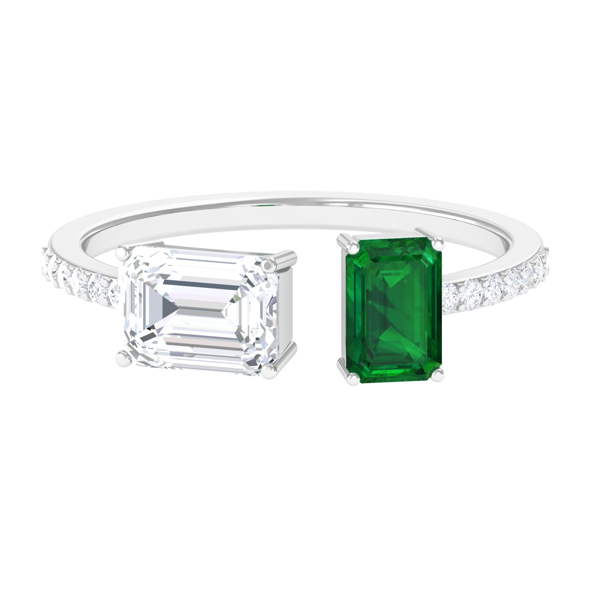 Octagon Cut Moissanite and Lab Emerald Toi Et Moi Silver Ring D-VS1 - Sparkanite Jewels