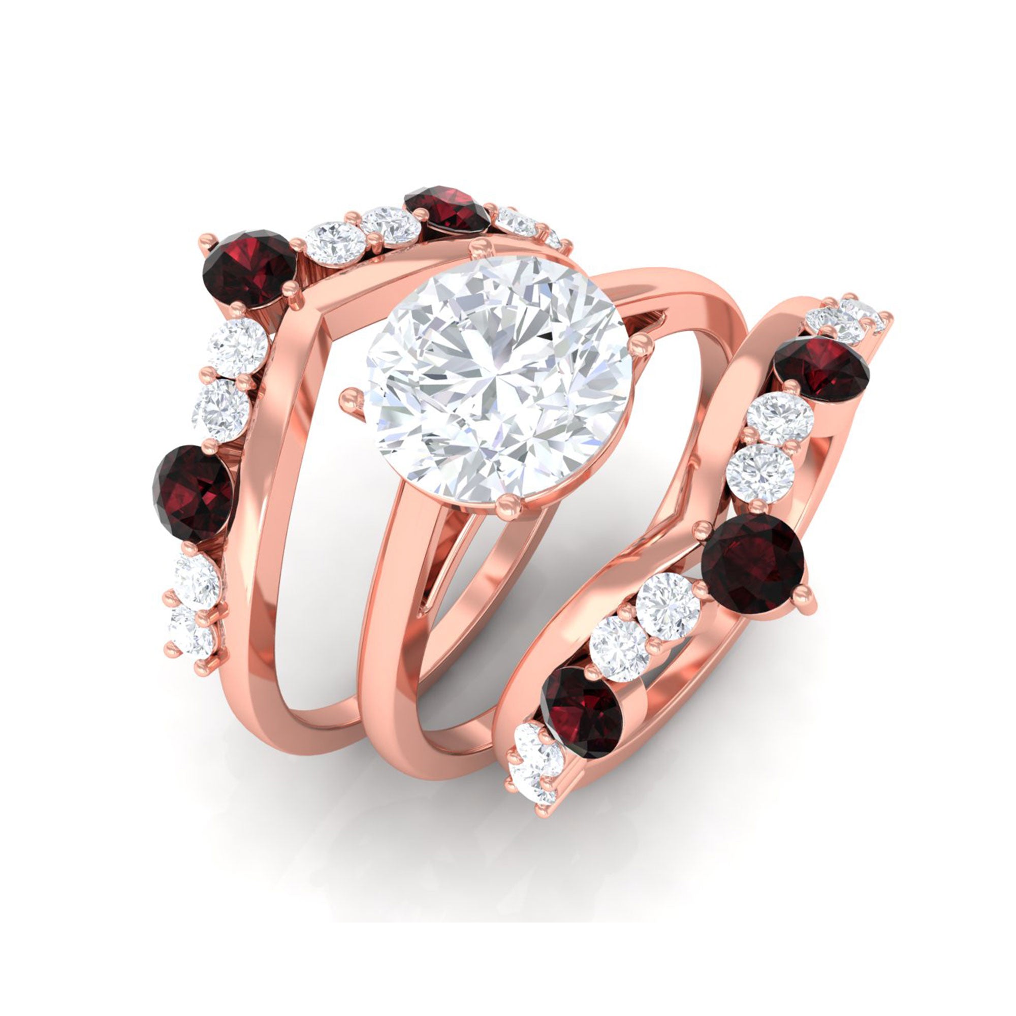 Sparkanite Jewels-Classic Moissanite Bridal Ring Set of 3 with Garnet