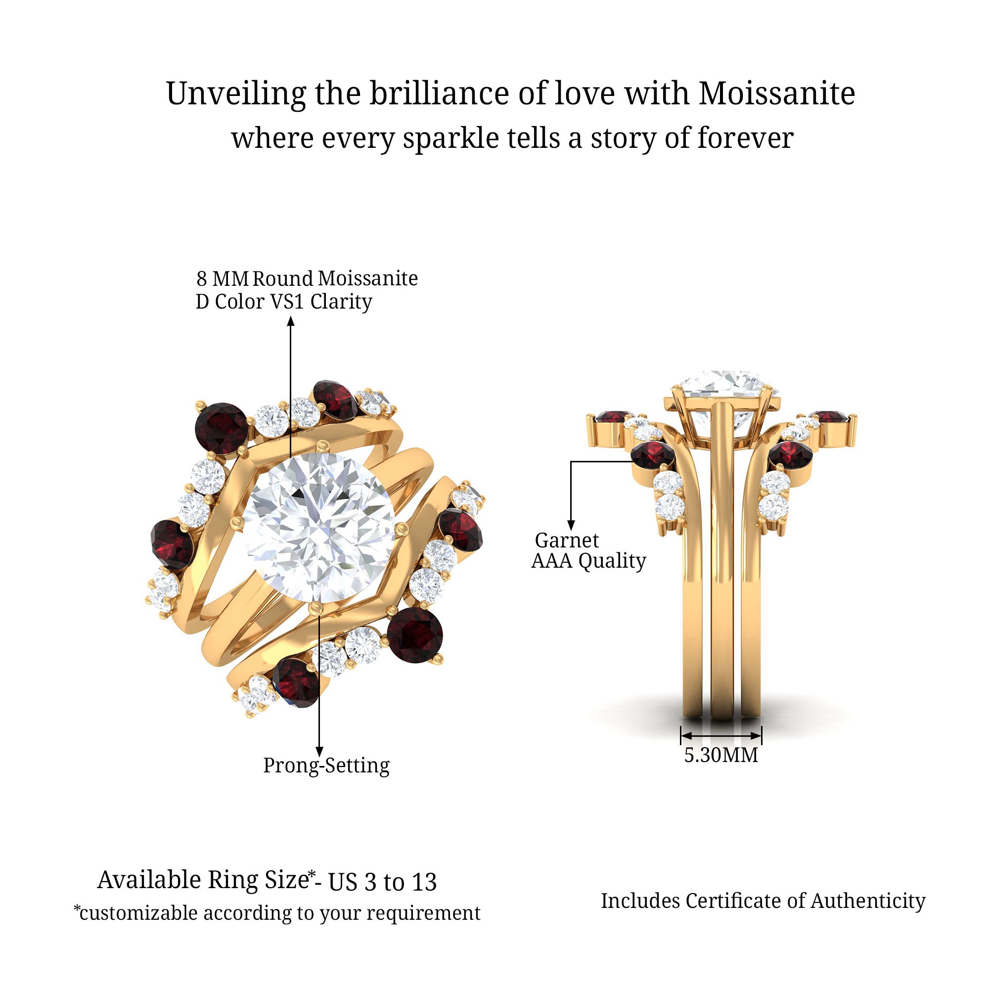 Sparkanite Jewels-Classic Moissanite Bridal Ring Set of 3 with Garnet