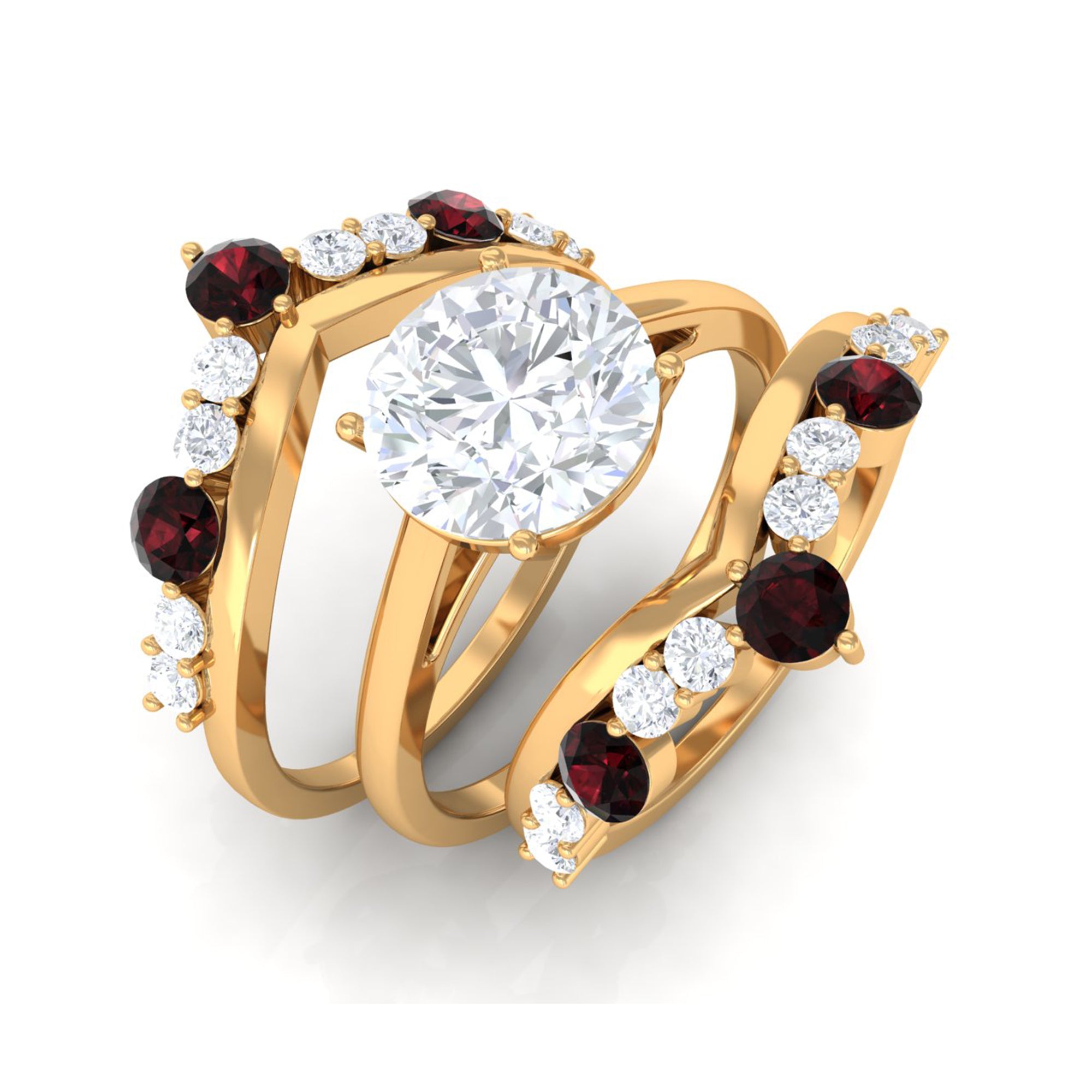 Sparkanite Jewels-Classic Moissanite Bridal Ring Set of 3 with Garnet