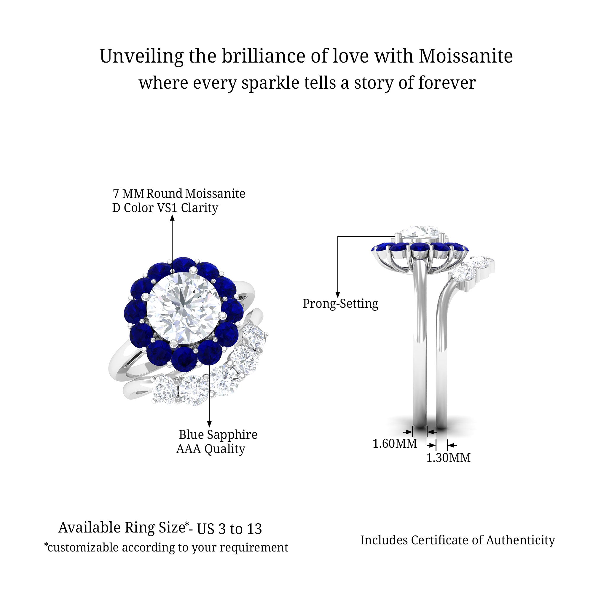 Sparkanite Jewels-Designer Moissanite Bridal Ring Set with Blue Sapphire Halo